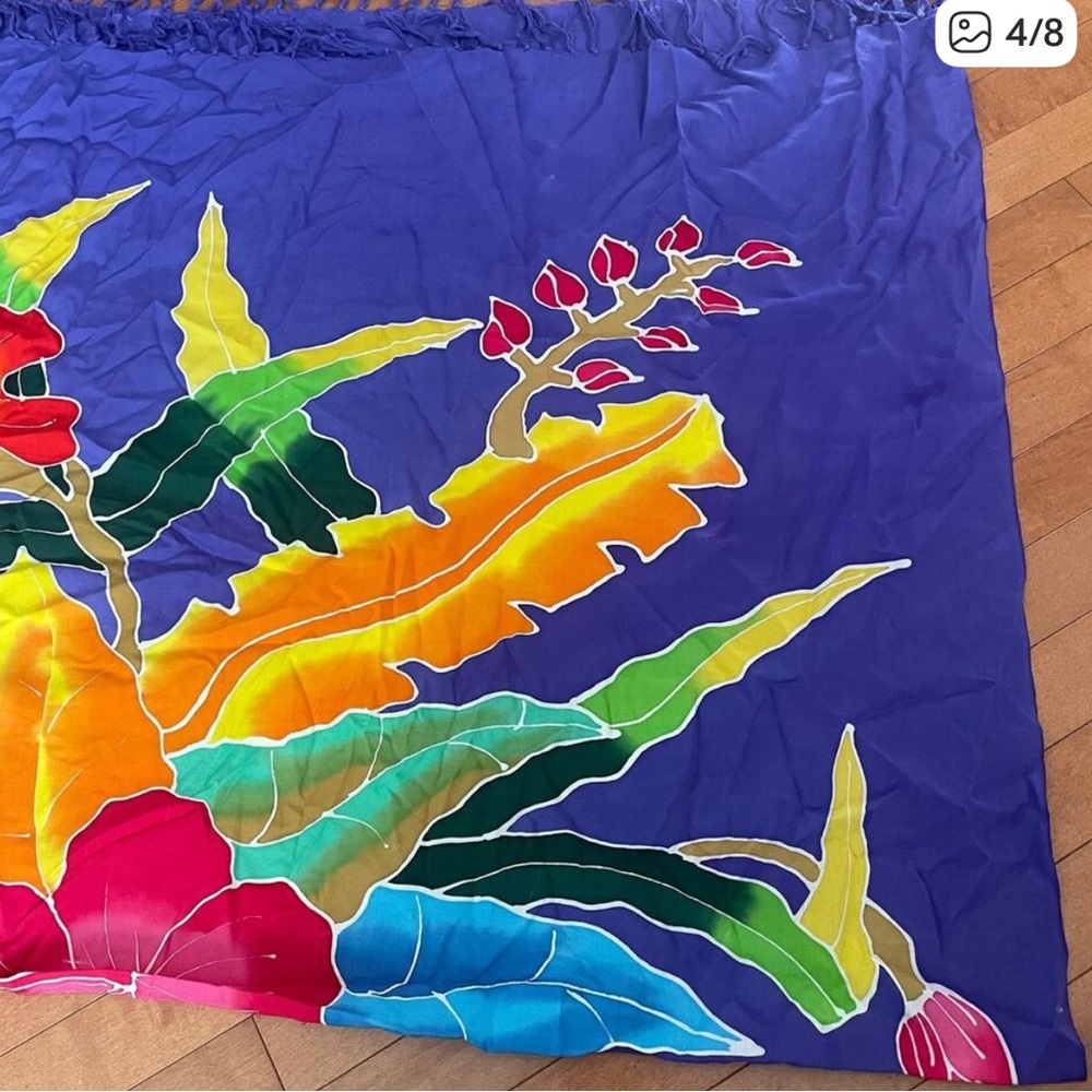Vintage Bright Color Tropical Flowers Purple Sarong Scarf w/ Tassels - Picture 4 of 8